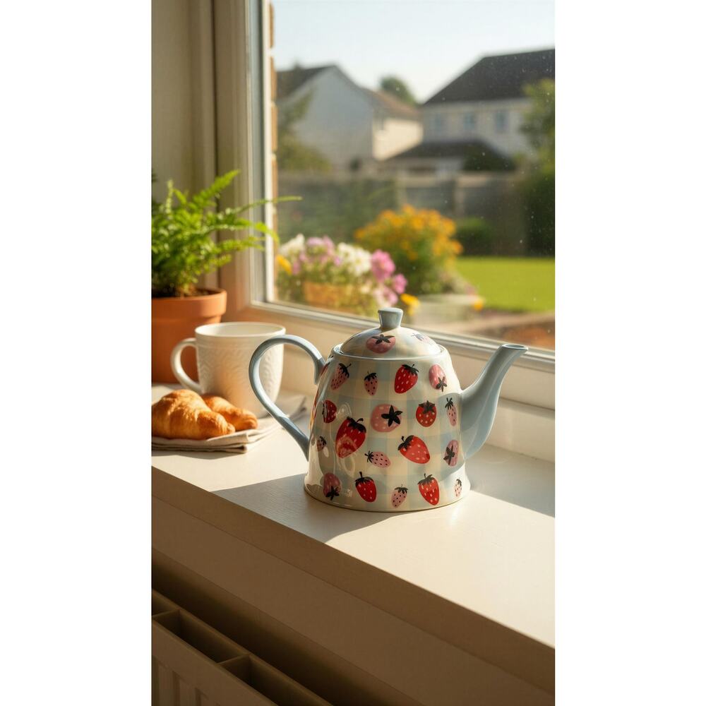 Grace‎ Teaware Strawberry Gingham Tea Pot w/Lid Pink Red Blue